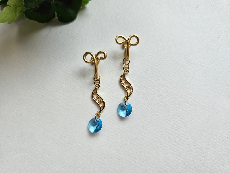 [Style] Gold, blue ~ painless Clip-On, clip-on earrings, ear hooks ~ SW elements - Earrings & Clip-ons - Other Materials Gold