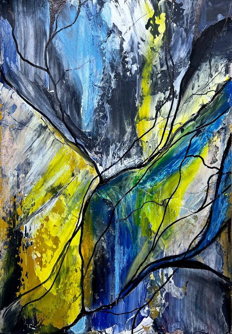 Yellow Sparks in the Blue Silence/Original WallArt Abstract Acrylic on cardboard - โปสเตอร์ - วัสดุอื่นๆ สีเหลือง