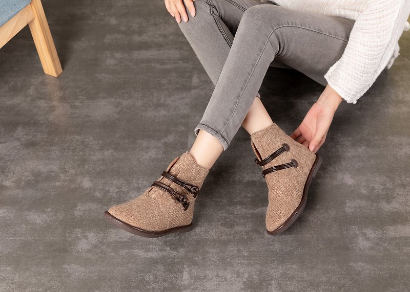 Handmade Leather Mix Linen Ankle Boots for Women With Buckle - รองเท้าบูทสั้นผู้หญิง - หนังแท้ สีกากี