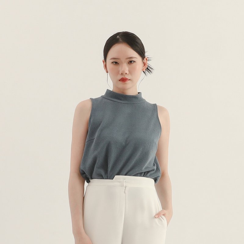 【經典原創】Image_形象立領皺褶背心_CLT012_藍 - 背心/無袖上衣 - 聚酯纖維 藍色