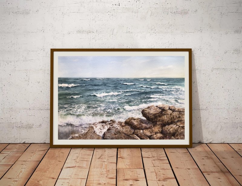 Seascape Original Painting Watercolor 水彩畫 - โปสเตอร์ - กระดาษ สีน้ำเงิน