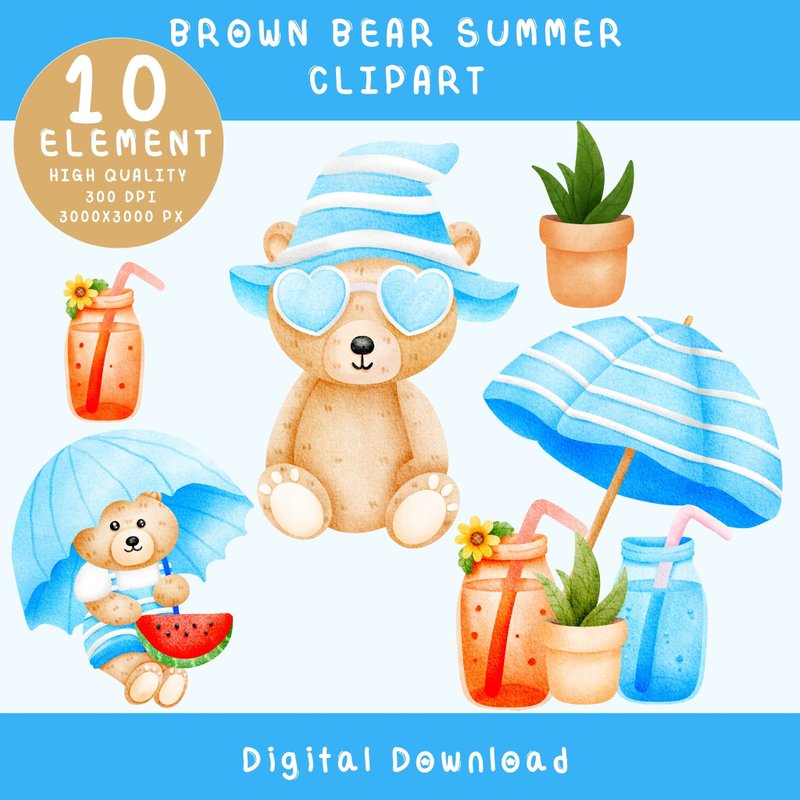 Cute Summer Bear Stickers PNG Bundle | Brown Bear Digital Stickers - 電子似顏繪/繪畫/插畫 - 其他材質 