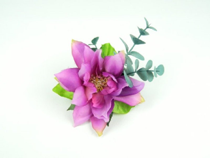 Headpiece Fascinator Hair Clip Pink Clematis Silk Flower with Silver Blue Eucalyptus Leaves Summer Party, Hen Night, Floral Hair Accessory - 髮夾/髮飾 - 其他材質 紫色