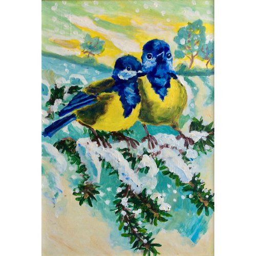 青い鳥のアクリル画、手描きのアートワーク、クリスマスの休日の装飾