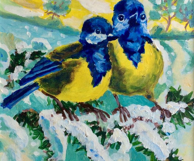 青い鳥のアクリル画、手描きのアートワーク、クリスマスの休日の装飾