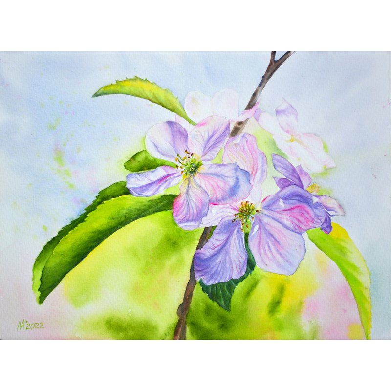 Apple Blossom Painting Watercolor Floral Original Art Spring Flowers Artwork - Posters - Paper Multicolor