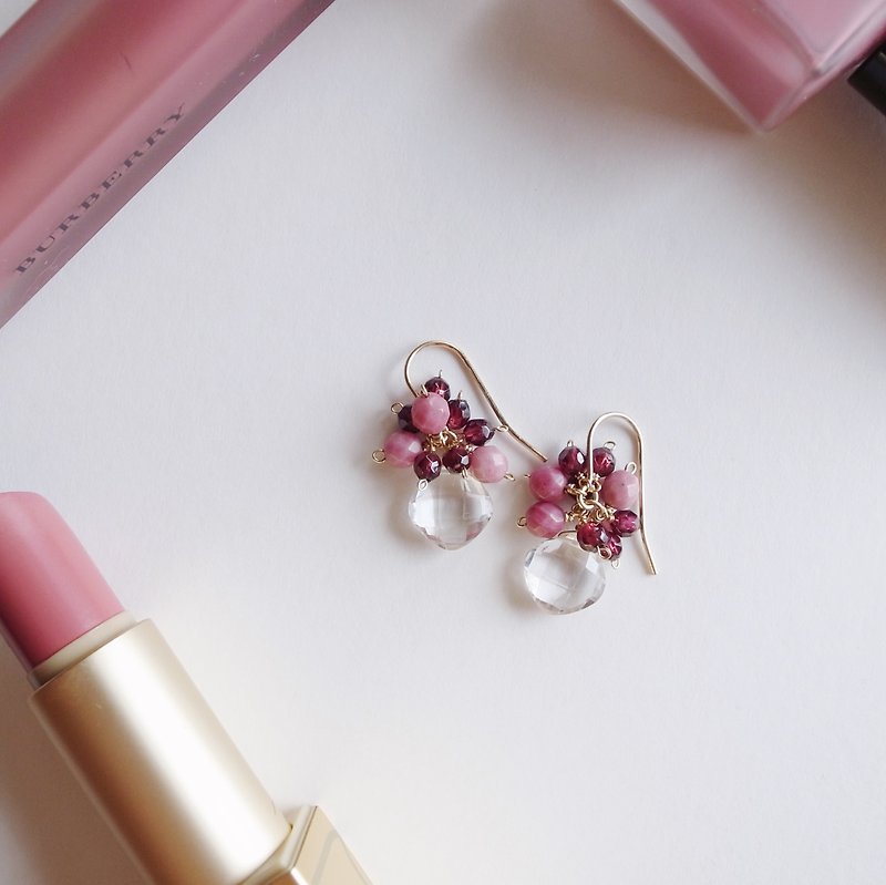 14KGF rose stone (rose stone) × garnet × white crystal natural stone earrings can be changed ear clip - ต่างหู - เครื่องเพชรพลอย สึชมพู
