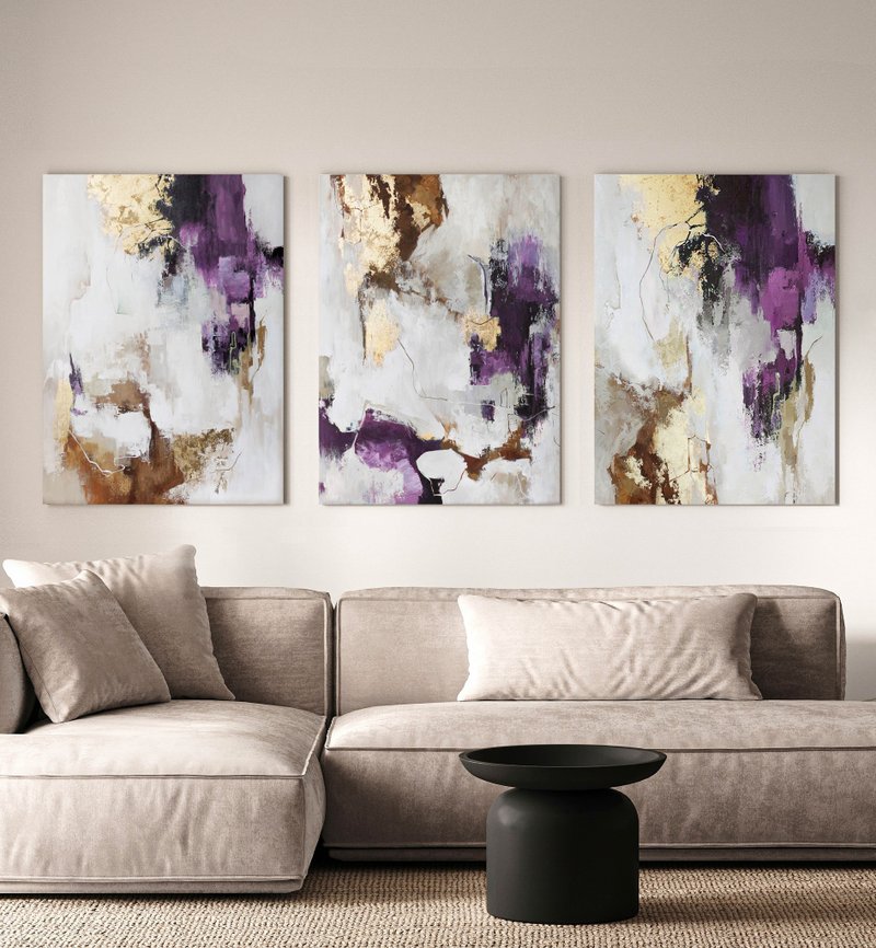 Purple Abstract Art | Purple Painting | Triptych Wall Art | Pink Flux set of 3 - 壁貼/牆壁裝飾 - 棉．麻 紫色