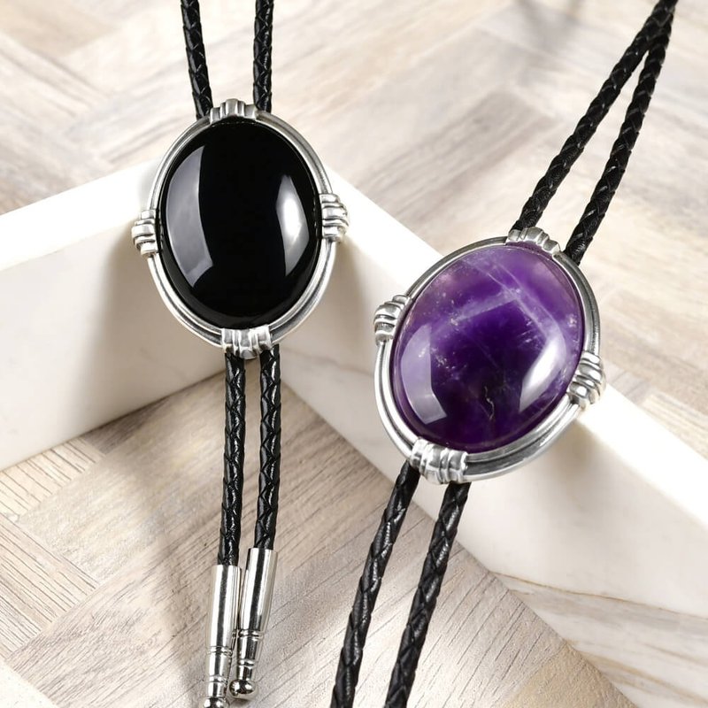 寶璽圓系列 保羅領帶 Bolo Tie 真皮皮革領繩 長項鍊 - 領帶/領帶夾 - 真皮 銀色