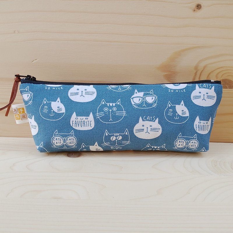 貓咪頭_藍 寬底筆袋 - 鉛筆盒/筆袋 - 棉．麻 藍色