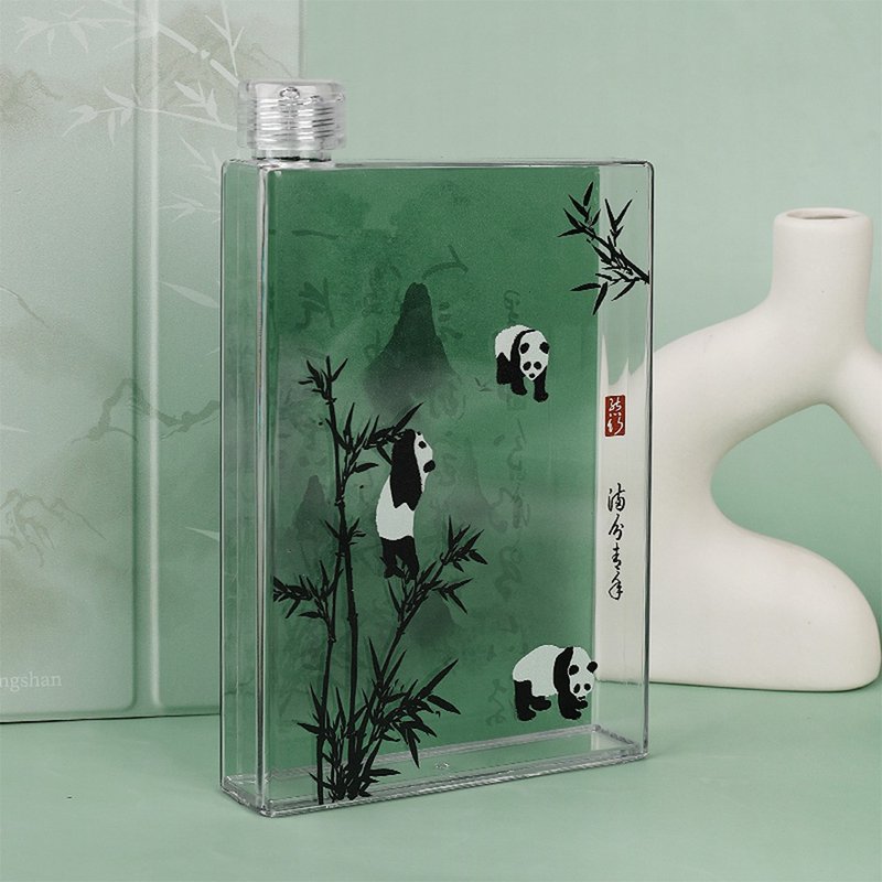 Panda bamboo forest accompanying cup 350ml square transparent flat water cup - กระติกน้ำ - วัสดุอื่นๆ 