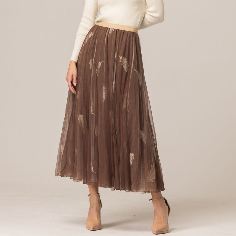 Ethereal Feather Embroidered Gauze Skirt | Coffee - Skirts - Polyester Brown