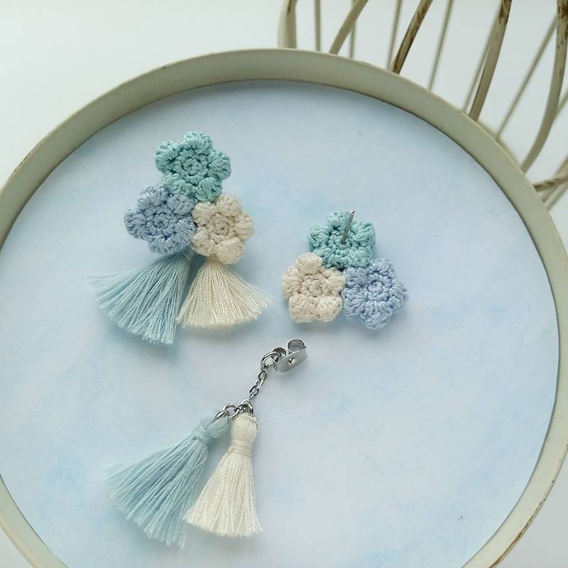 Pastel Blue Crochet Floral Tassel Earrings - Earrings & Clip-ons - Cotton & Hemp Blue