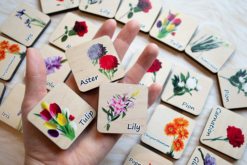 Wood Flowers Memory Game, Wooden Montessori Matching game for kids - ของเล่นเด็ก - ไม้ หลากหลายสี