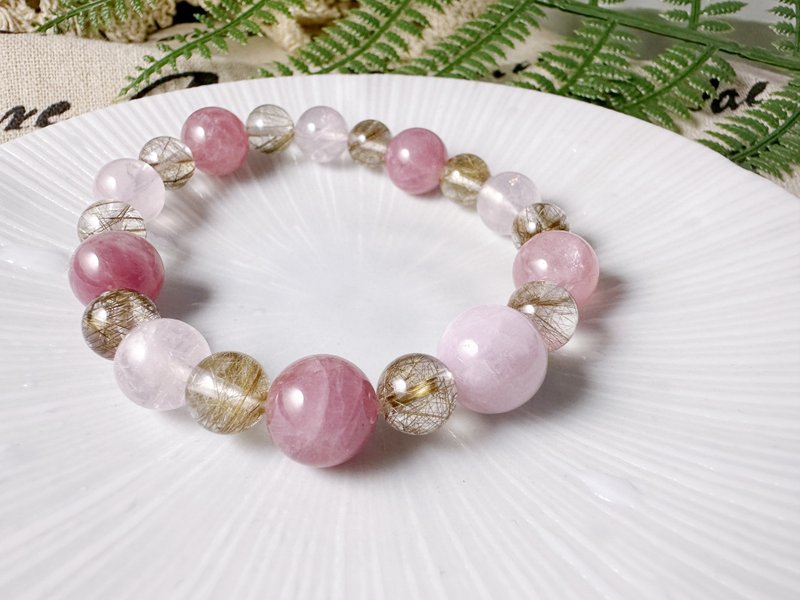 MH natural stone hand beads_pink rose queen_kunzite_rose quartz - สร้อยข้อมือ - เครื่องประดับพลอย สึชมพู