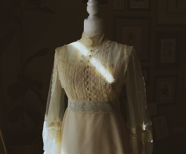 70年代アメリカ製アンティークウェディングドレス/ハイウエスト 