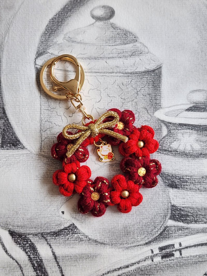 FSH Spring Festival design. Lucky cat. Braided mini palm wreath. pendant key ring - เชือก/สายคล้อง - ผ้าฝ้าย/ผ้าลินิน สีแดง