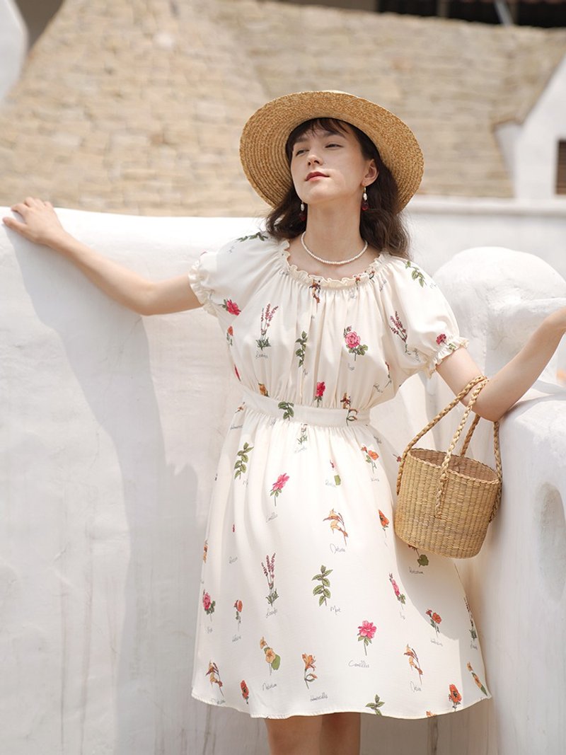 復古花卉印花連衣裙 - 連身裙 - 其他人造纖維 白色