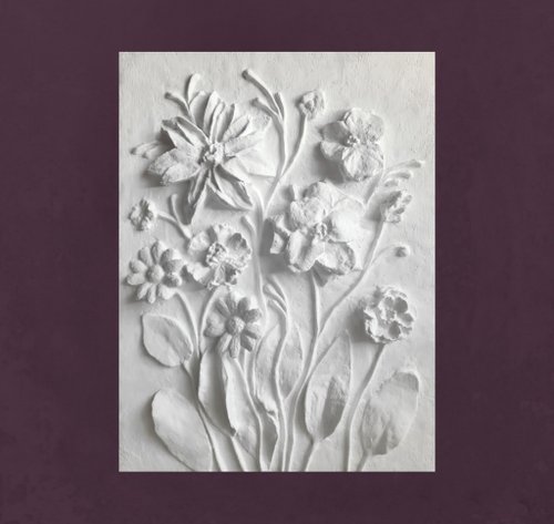 BotanicalArtGifts 牆壁雕塑藝術 3D 花卉牆壁藝術白色淺浮雕植物裝飾花卉