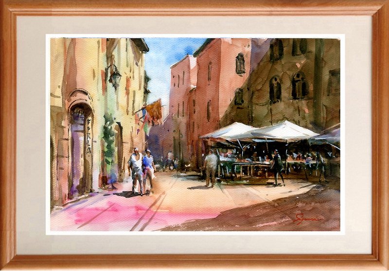 水彩画原画　サンジャミニャーノの街 - ポスター・絵 - 紙 ピンク