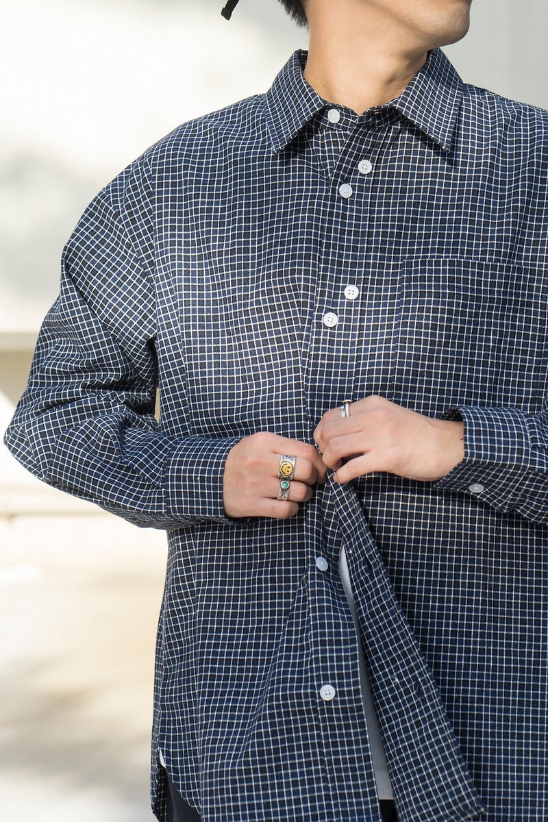 SHIRT Japanese trend double-breasted button plaid shirt autumn Fashion Chic INS Cityboy - Men's Shirts - Cotton & Hemp Blue
