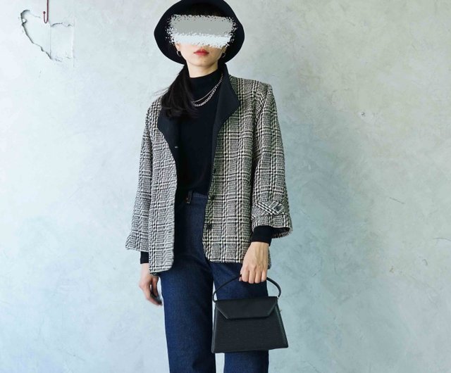 宝探しヴィンテージ-日本製モノトーン千鳥格子レトロショート丈ウール