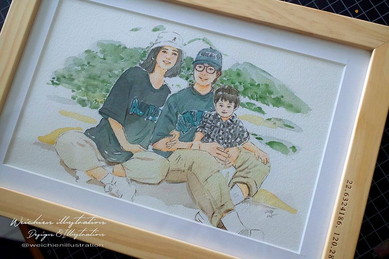 Watercolor hand-painted family portrait with wooden frame and laser engraving. Please contact the designer before placing an order. - Customized Portraits - Paper 