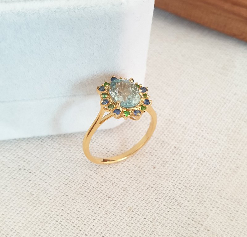 Aquamarine Gemstone with Fancy color gemstones, Silver Solitaire ring for her, - 戒指 - 寶石 咖啡色