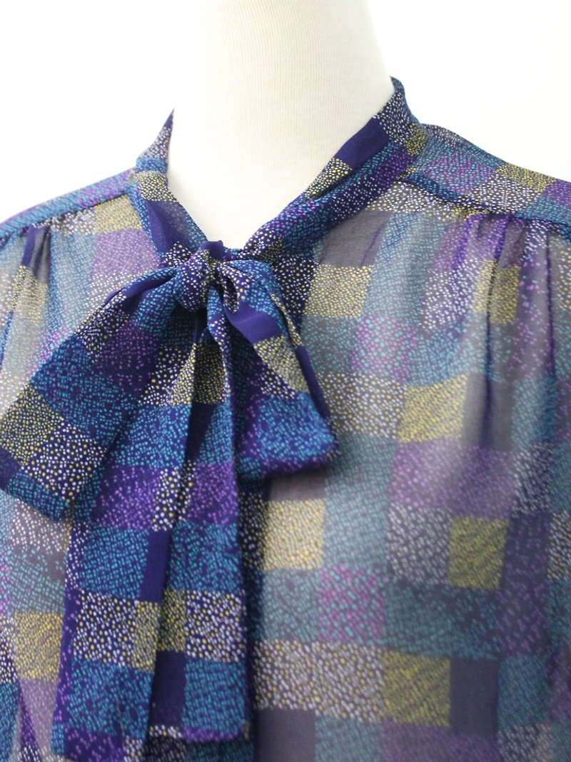 復古日本製小碎花圓點點藍紫色格紋短袖古著襯衫 Japanese Vintage Blouse - 女襯衫 - 聚酯纖維 紫色