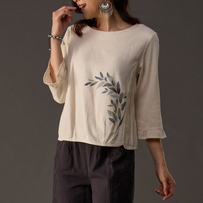 Classic beauty linen hand-painted lotus leaf sleeve top【18057】 - เสื้อผู้หญิง - ผ้าฝ้าย/ผ้าลินิน 