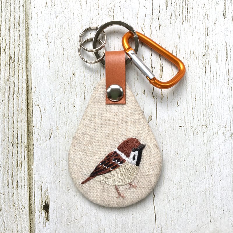 Sparrow hand embroidery key chain (sand beige) - ที่ห้อยกุญแจ - งานปัก 