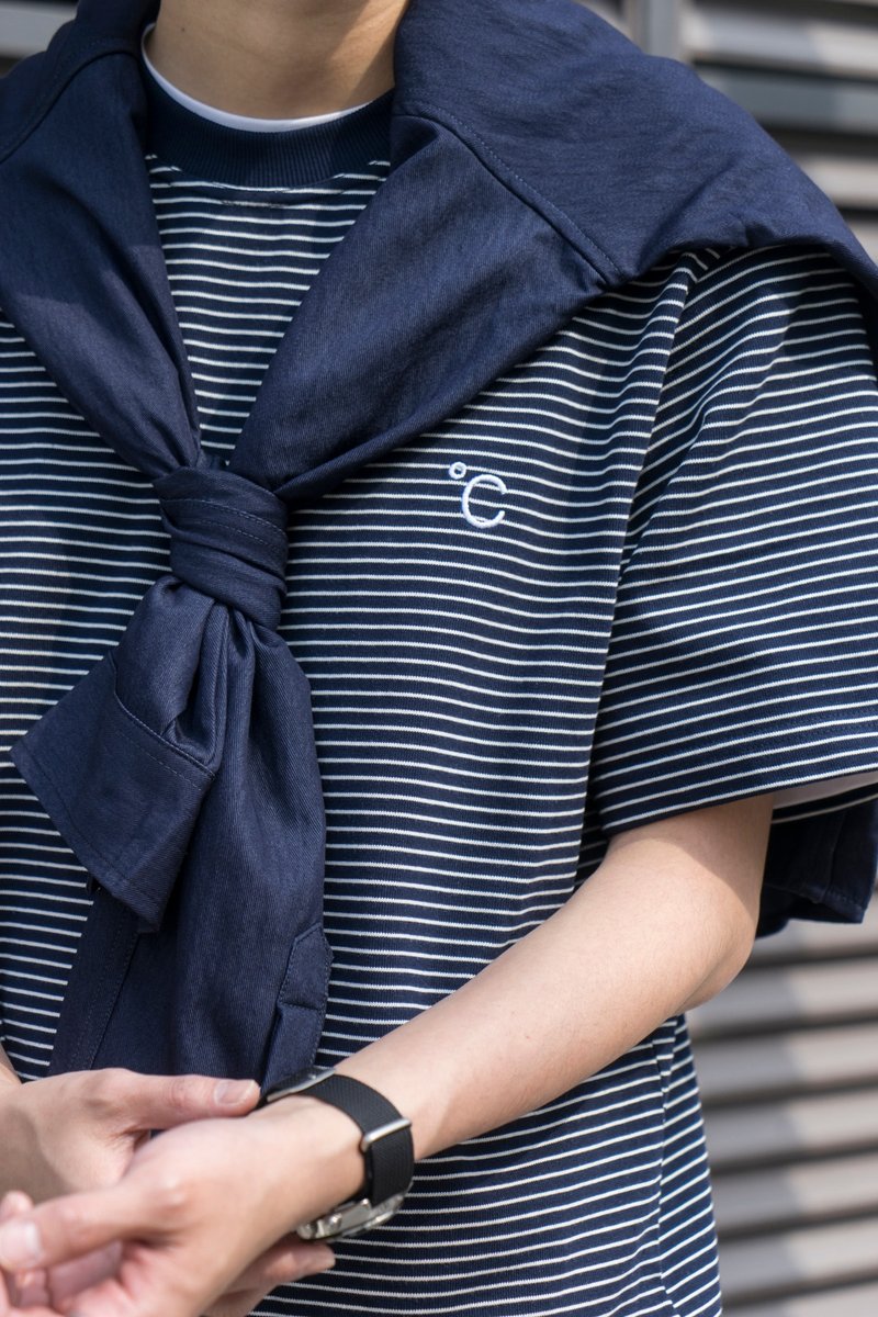 T-shirt 夏季條紋圓領短袖T恤刺繡海軍藍 藏青Cityboy男青年 - 男 T 恤 - 棉．麻 