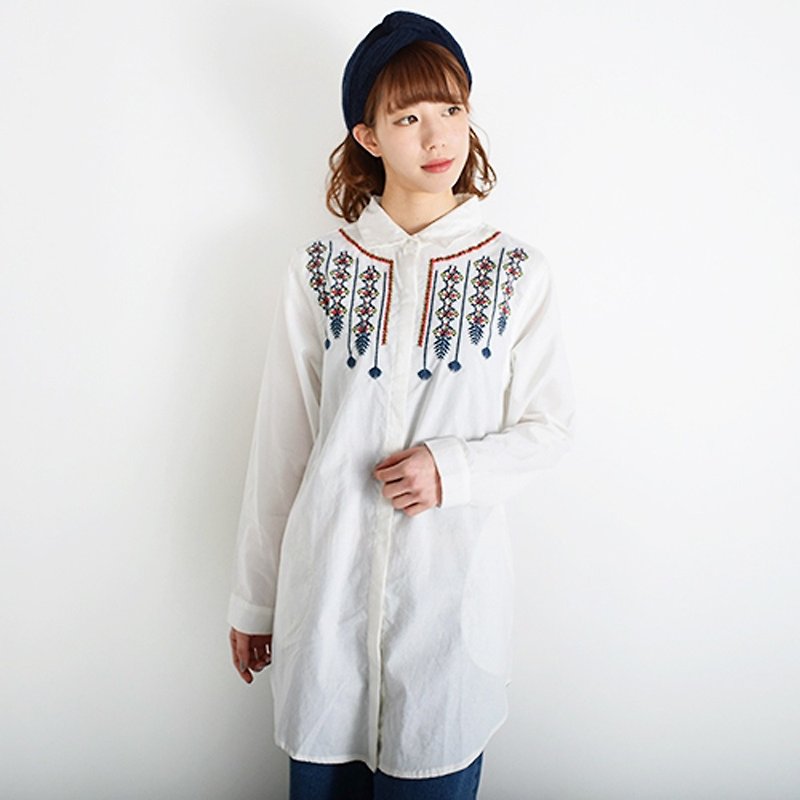 胸元 カラフル エスニック 刺繍 シャツ チュニック - 女襯衫 - 棉．麻 白色