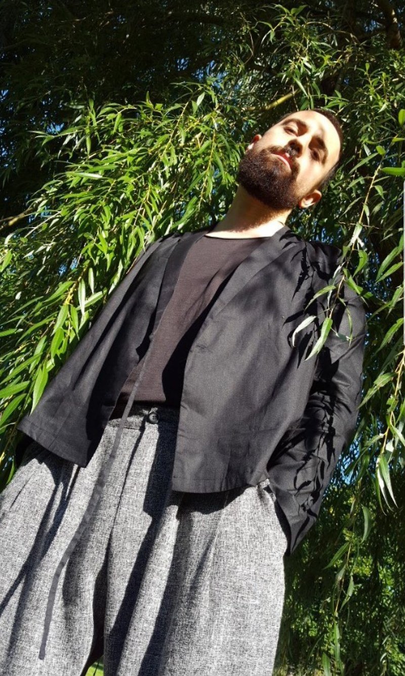 Noir Linen Jacket - เสื้อโค้ทผู้ชาย - ผ้าฝ้าย/ผ้าลินิน สีดำ