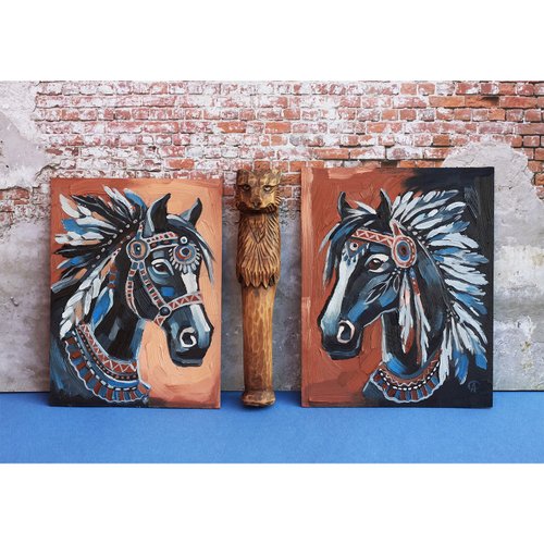 馬の絵 ネイティブ 原画 アート 動物 アートワーク インディアン壁掛け