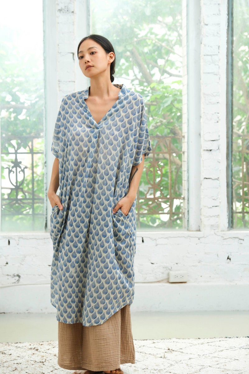 Indian cover dye key collar dress/voile blue feather - One Piece Dresses - Cotton & Hemp Blue