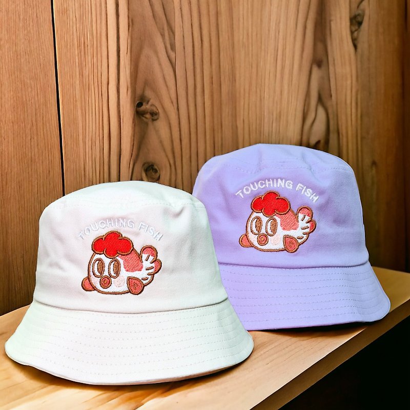 Kingnekosan Hungry Cute embroidered Bucket Hat - หมวก - ผ้าฝ้าย/ผ้าลินิน ขาว
