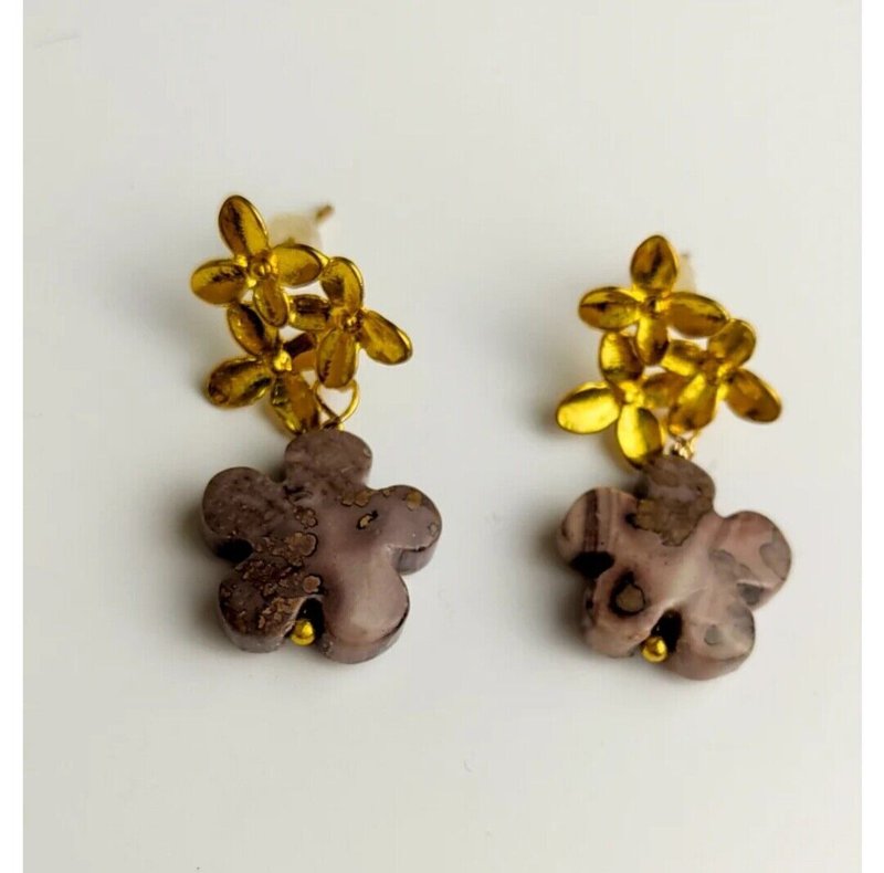 Jasper Flower Earrings Purple Dangle Gemstone Earrings Casual Beaded earrings - 耳環/耳夾/耳骨夾 - 石頭 紫色