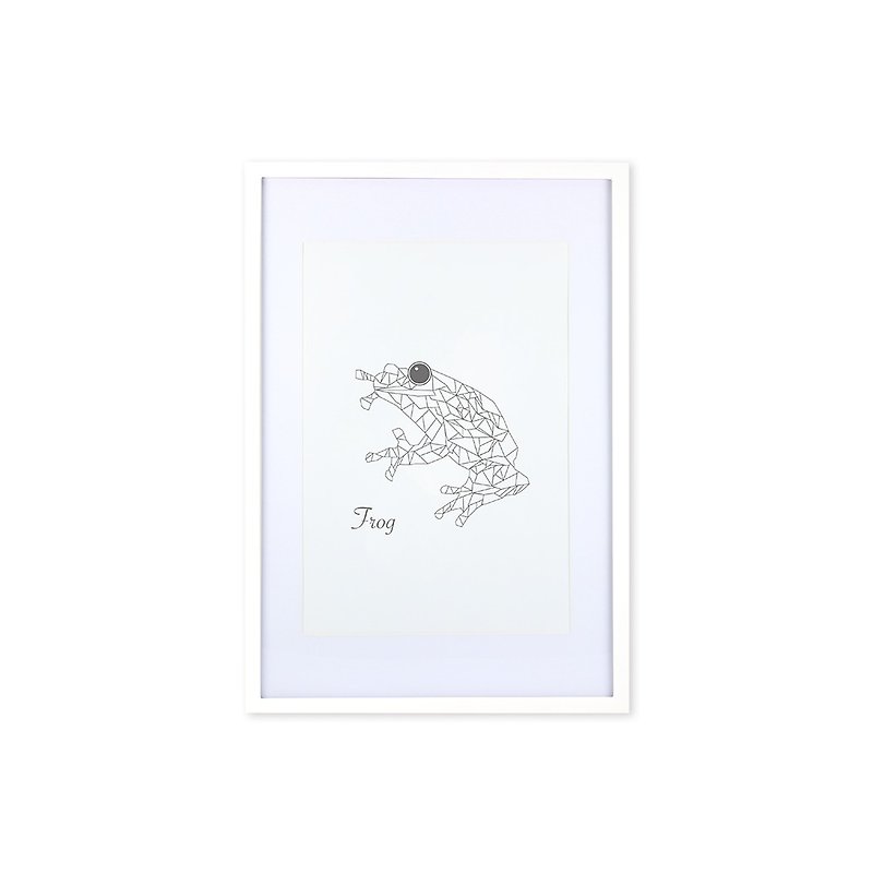 裝飾畫相框 動物 幾何線條 青蛙 白色框 63x43cm 室內設計 布置 - 畫框/相架  - 木頭 白色