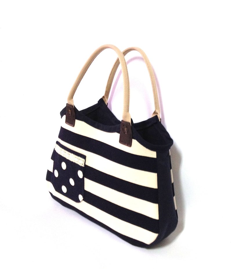 Navy blue handbag, shoulder bag, hand-made, blue, dots, stripes, canvas - Handbags & Totes - Cotton & Hemp Blue