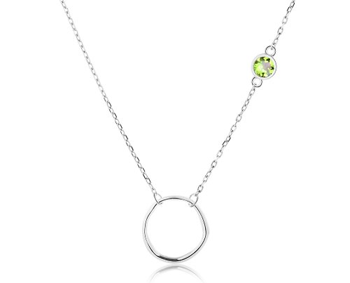 Majade Jewelry Design 橄欖石925純銀項鍊 不對稱側鑲圓形項鍊 8月誕生石業力鎖骨鍊
