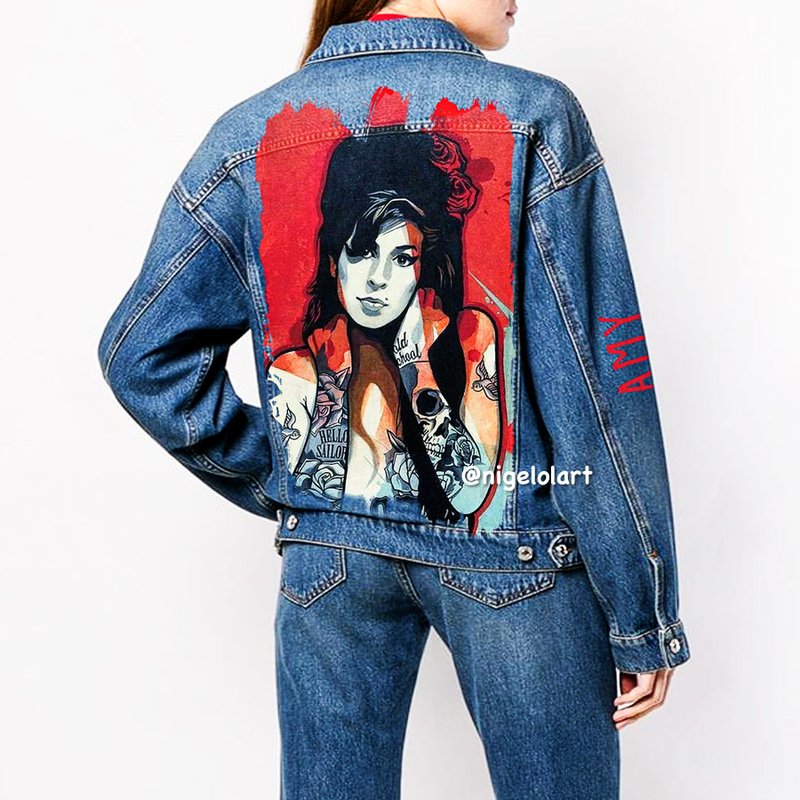 Painted Denim Jacket Amy Winehouse Custom jacket Gift personalized jacket - 女大衣/外套 - 棉．麻 多色