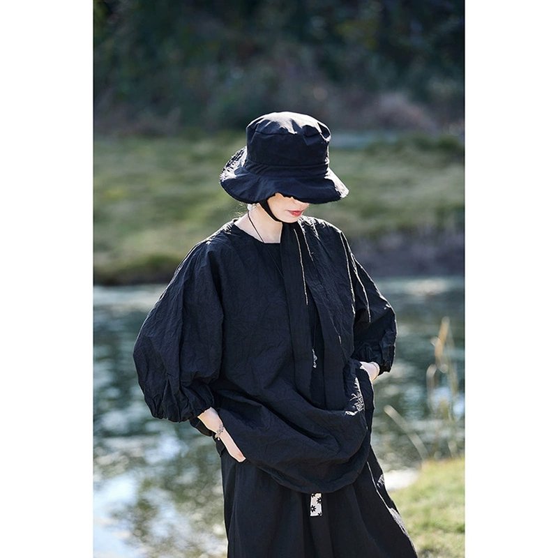 Black Round Neck Premium Pleated Shirt - Women's Shirts - Cotton & Hemp 