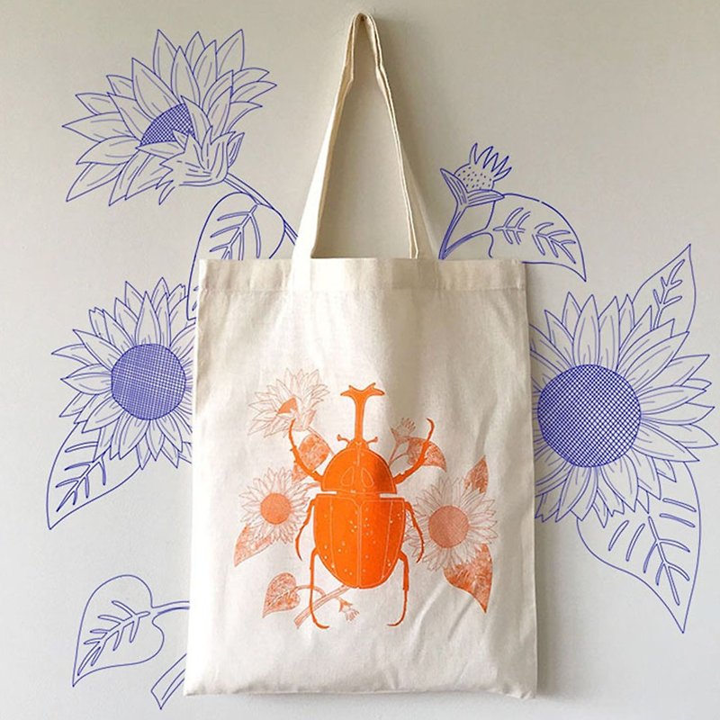 Organic Tote Bag  // Screen Print // Japanese Rhinoceros Beetle // Orange - Handbags & Totes - Cotton & Hemp Orange