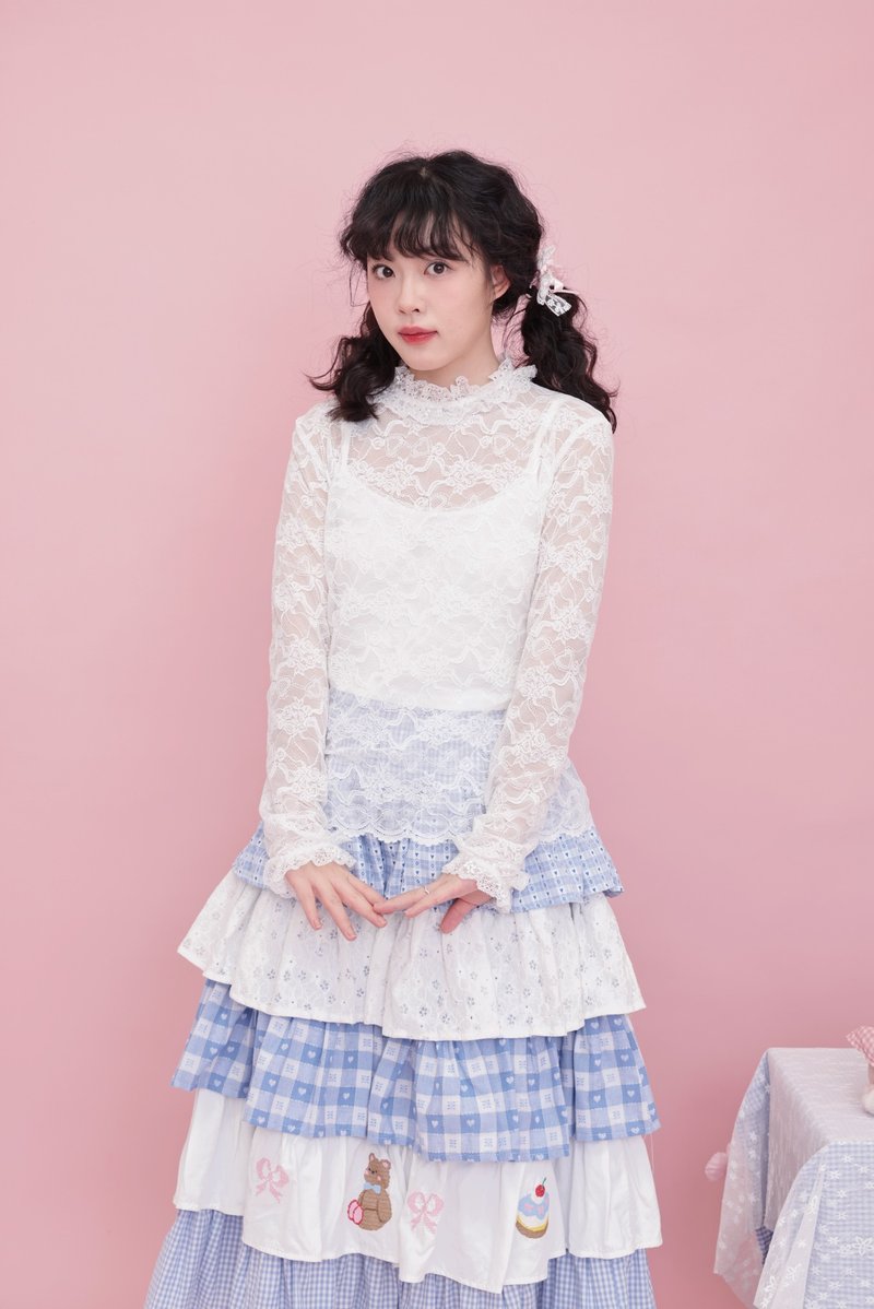 甜美少女 花邊玫瑰蝴蝶結 蕾絲上衣 - 女上衣/長袖上衣 - 其他材質 白色