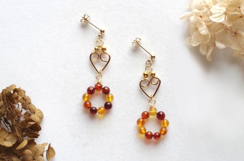 バルティックアンバー・天然琥珀・のリングピアス - 耳環/耳夾/耳骨夾 - 其他材質 咖啡色