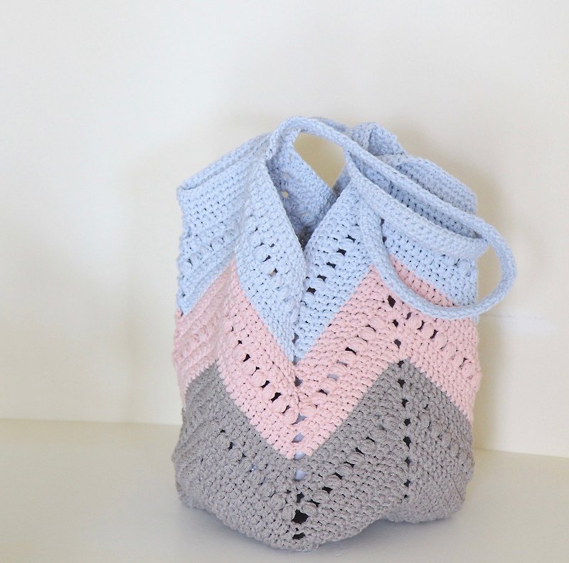鉤針編織袋 Tote Bag Woven Bag Handmade crochet Color: grey, light pink, light blue - Handbags & Totes - Cotton & Hemp Multicolor