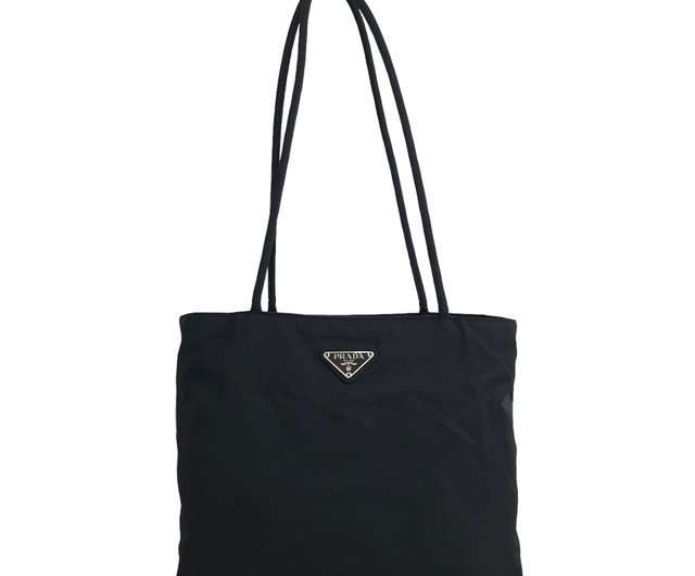 プラダのナイロントートバッグ（トライアングルロゴ、ホワイトタグ、ブラック） 日本直送 名牌中古包 】PRADA プラダ トライアングルロゴ ハンドバッグ