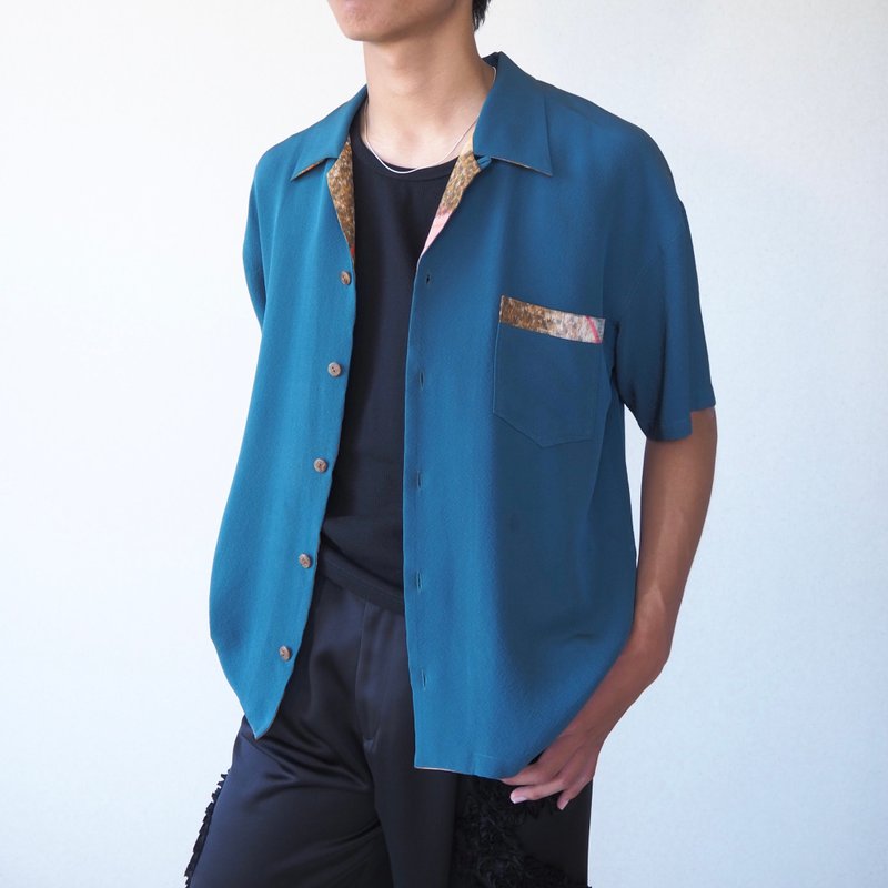 【日本製造】絲綢和服升級改造男襯衫 L、獨一無二、青綠色 - 男襯衫/休閒襯衫 - 絲．絹 