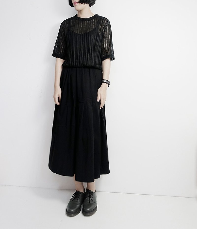 I. A. N Design wide fold skirt dress black & dark gray Organic Cotton - กระโปรง - ผ้าฝ้าย/ผ้าลินิน สีดำ